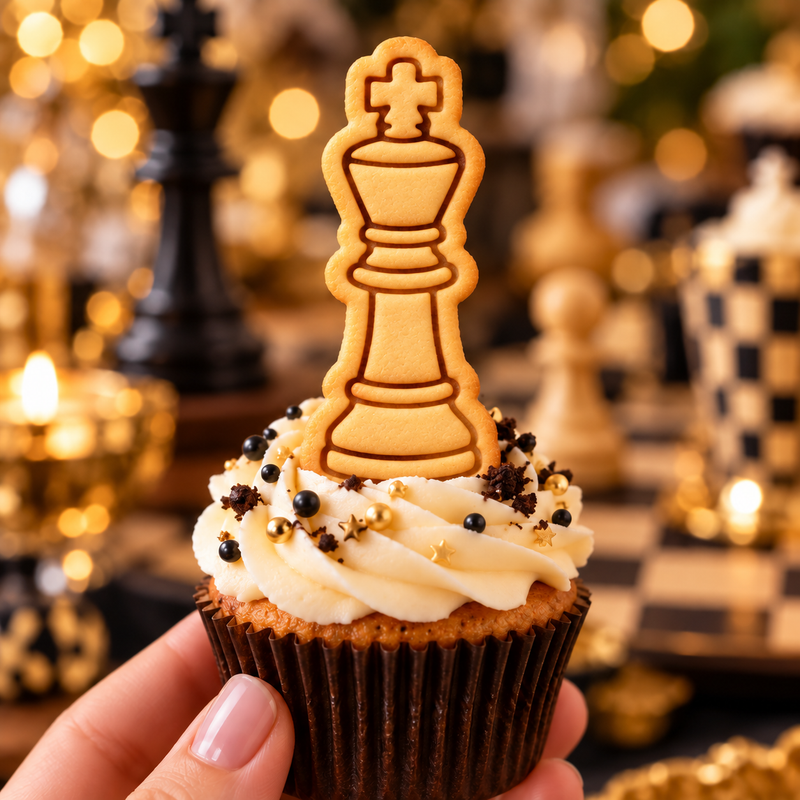 King chess piece cookie cupcake topper for chess party, tournament and board game themed baking