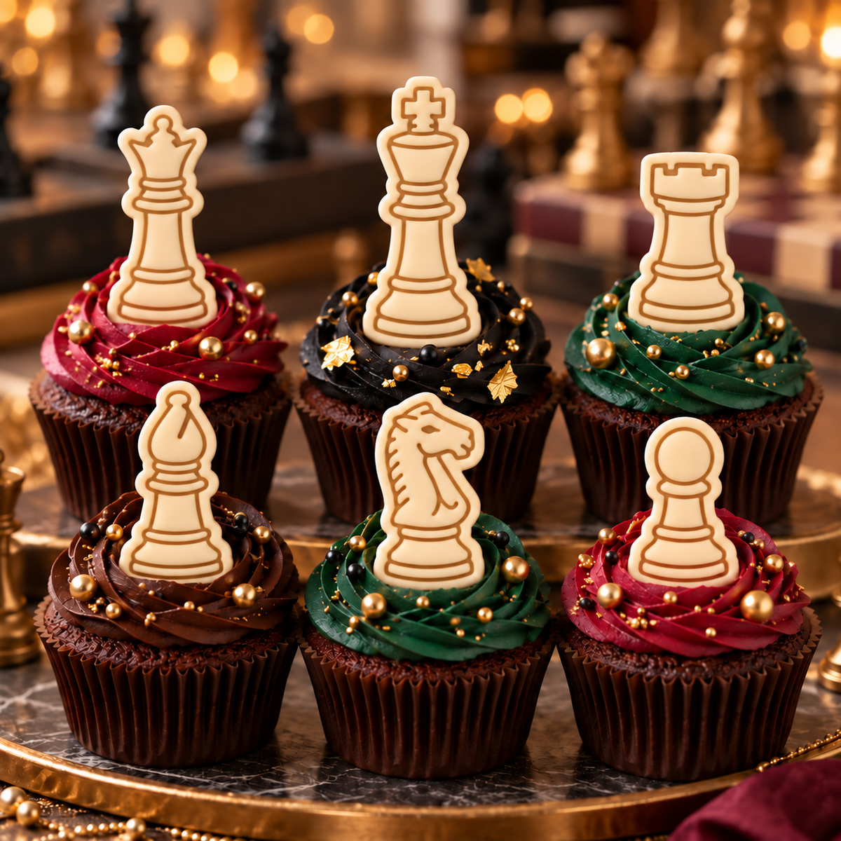 Set of 6 chess piece mini cookie cutters and stamps with pawn, rook, knight, bishop, queen and king designs