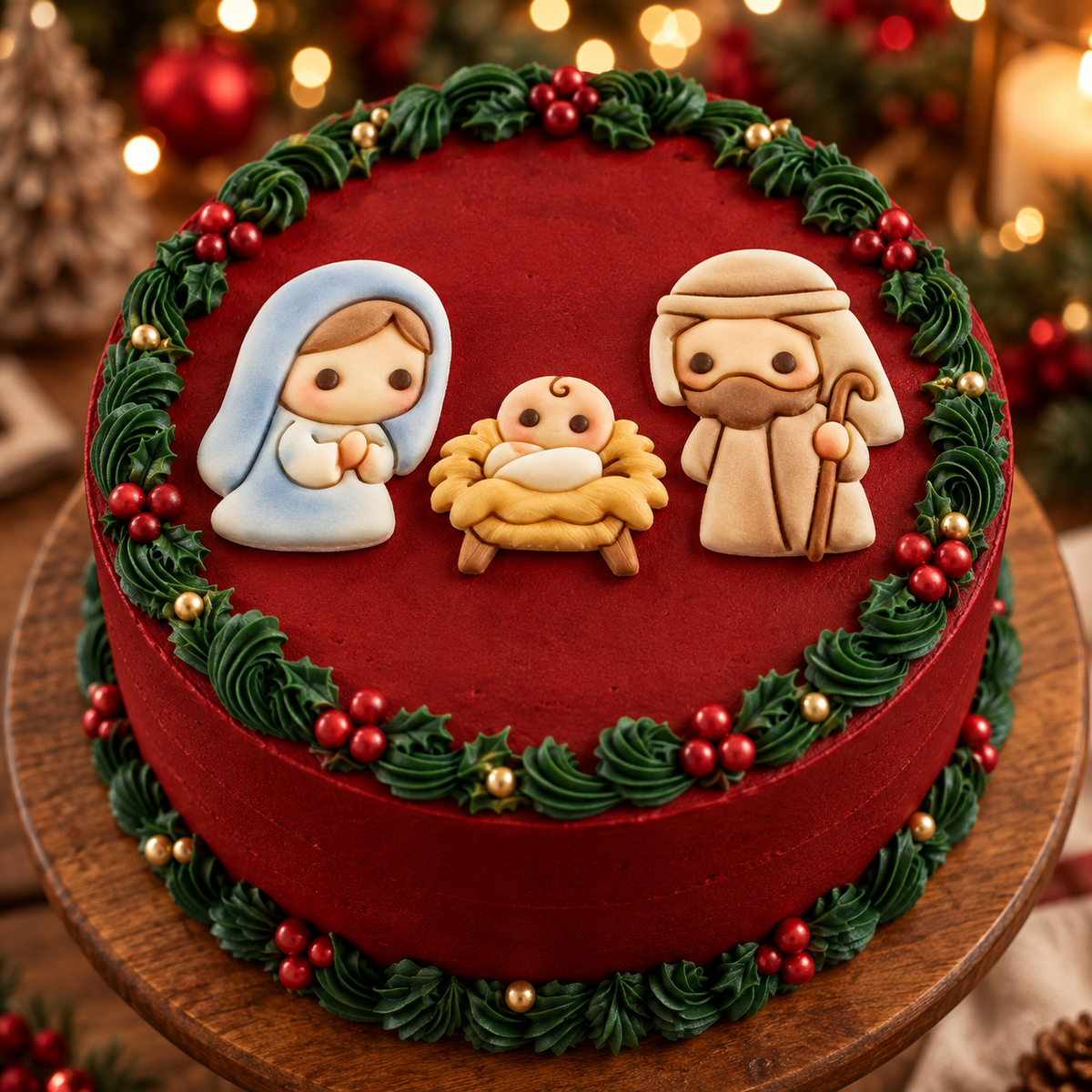 Set of 3 cute Nativity fondant cake toppers featuring Mary, Joseph and baby Jesus in a manger for Christmas baking