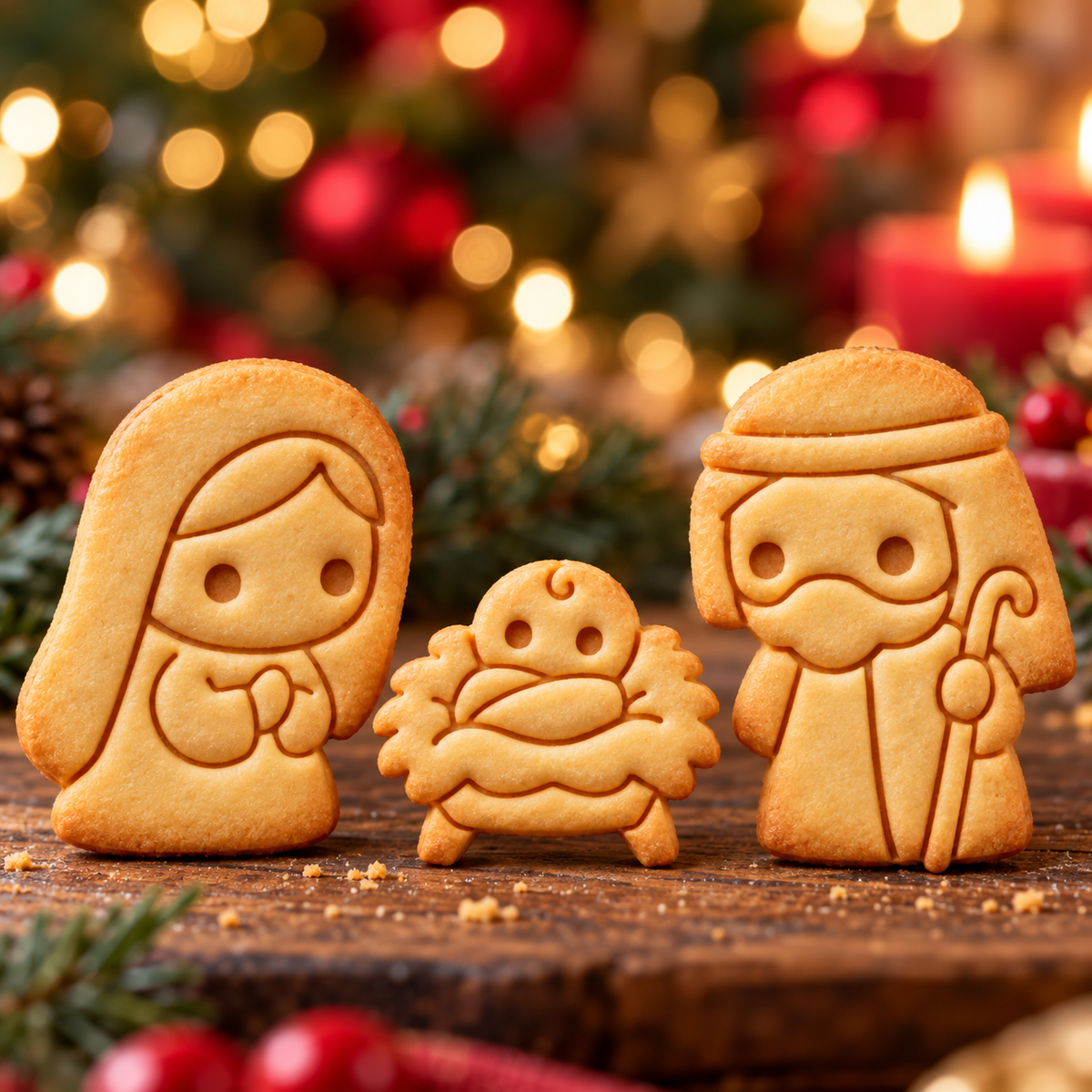 Set of 3 cute Nativity cookies featuring Mary, Joseph and baby Jesus in a manger for Christmas baking