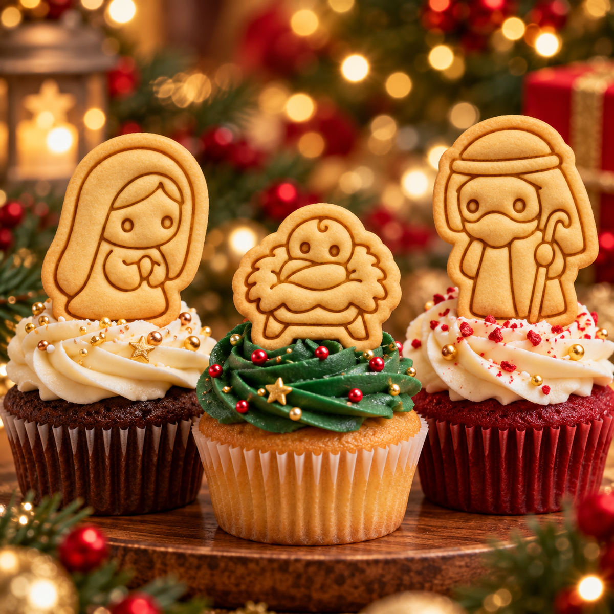 Mini Mary, Joseph and baby Jesus Nativity cookies with detailed stamped designs for Christmas baking