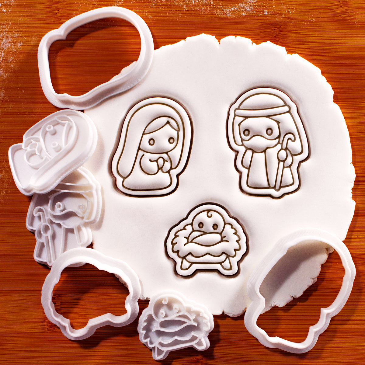 Set of 3 mini Nativity cookie cutters and stamps for Mary, Joseph and baby Jesus