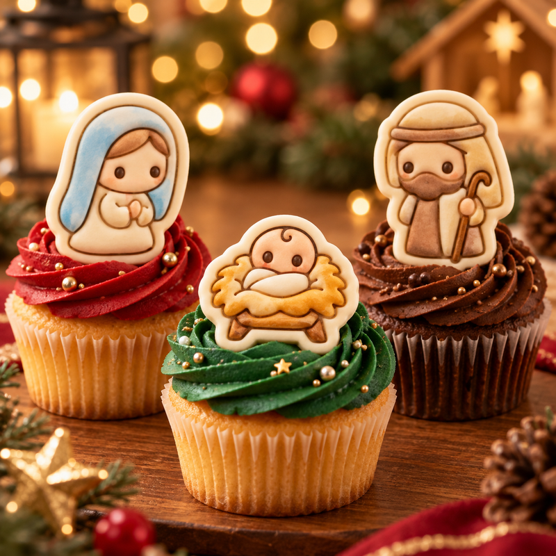 Mini Nativity cookie toppers featuring Mary, Joseph and baby Jesus on Christmas cupcakes