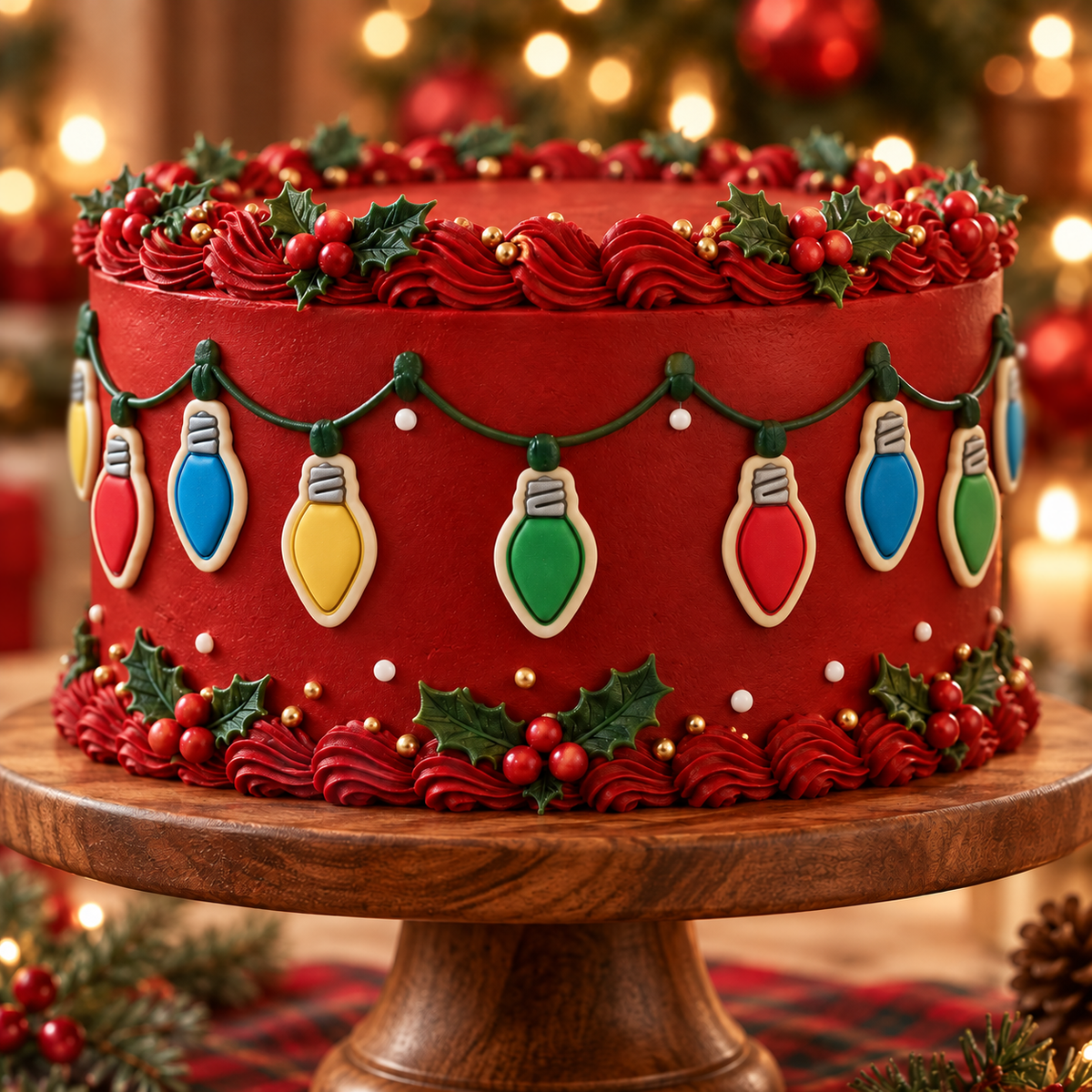 Christmas cake decorated with colourful mini light bulb fondant decorations resembling festive string lights
