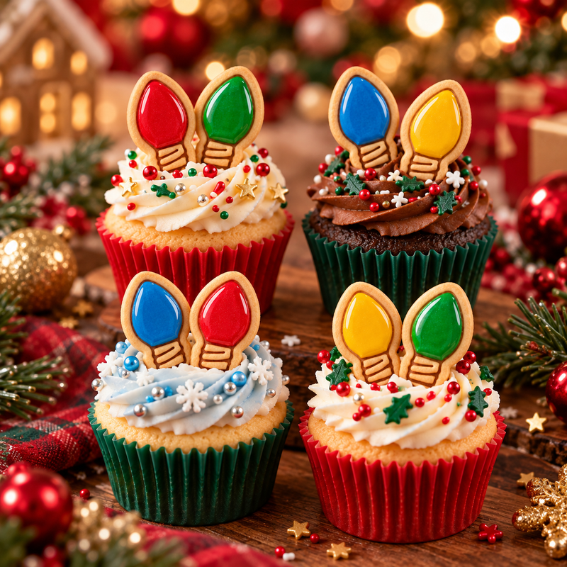 Colourful Christmas light bulb cookies and cupcake toppers decorated as red, green, blue and yellow fairy lights