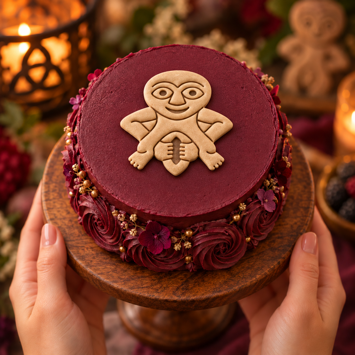 Sheela Na Gig biscuit decorating a burgundy celebration cake with floral and medieval-inspired styling