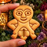 Detailed Sheela Na Gig cookie held between fingers with clear medieval figure impressions