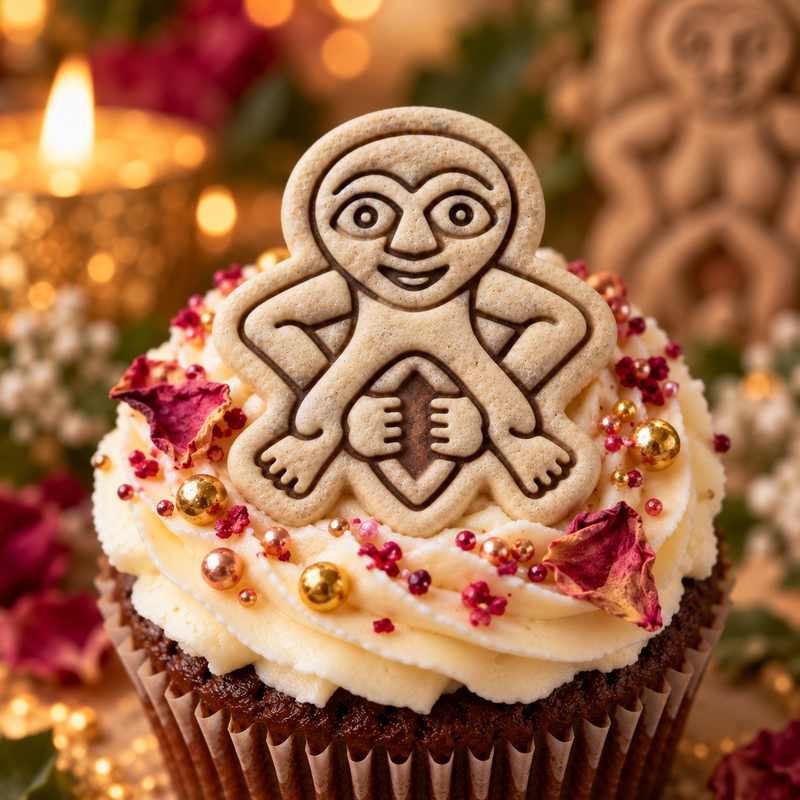 Stone-effect Sheela Na Gig fondant cupcake topper inspired by medieval carved figures