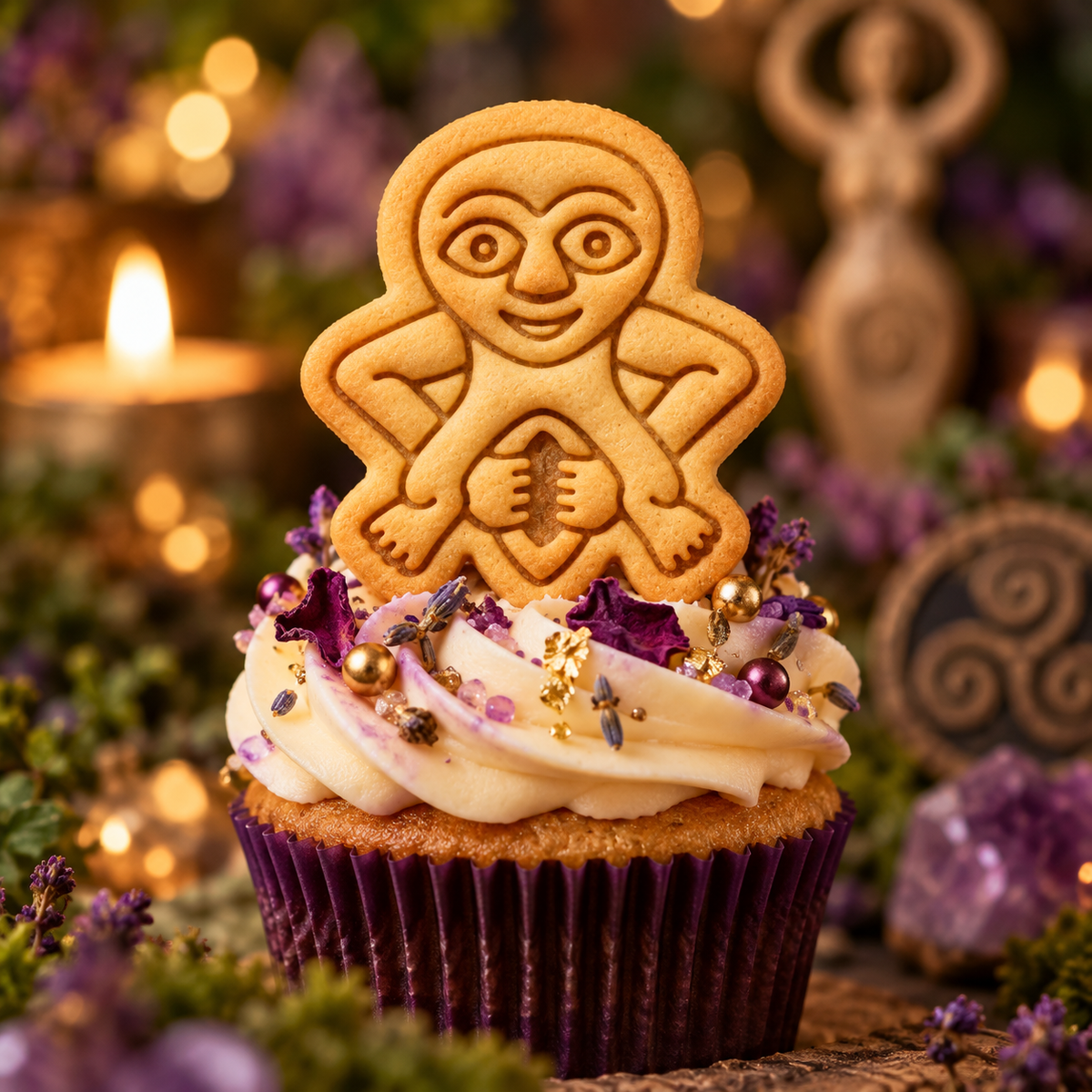 Sheela Na Gig mini embossed biscuit used as a cupcake topper with purple and gold decorations