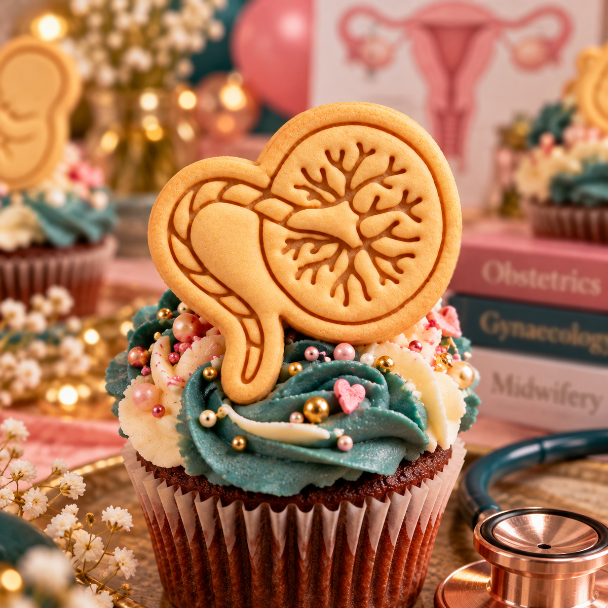 Placenta mini embossed cookie cupcake topper with umbilical cord and detailed branching blood vessels