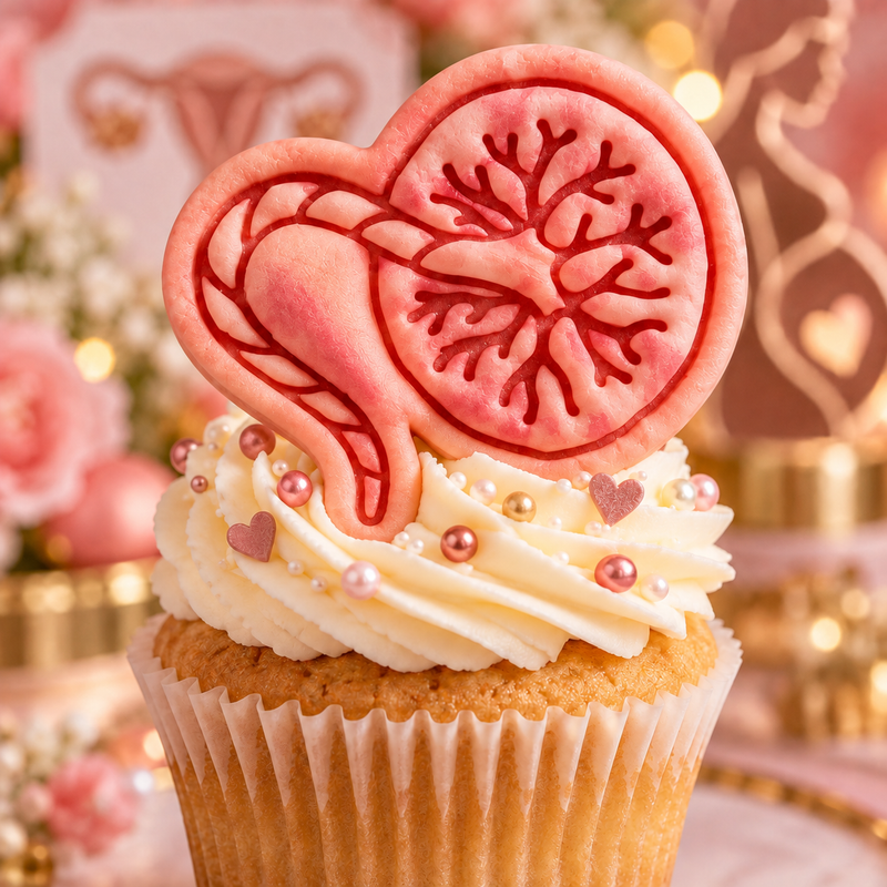 Pink placenta fondant cupcake topper with detailed umbilical cord and reproductive anatomy stamp