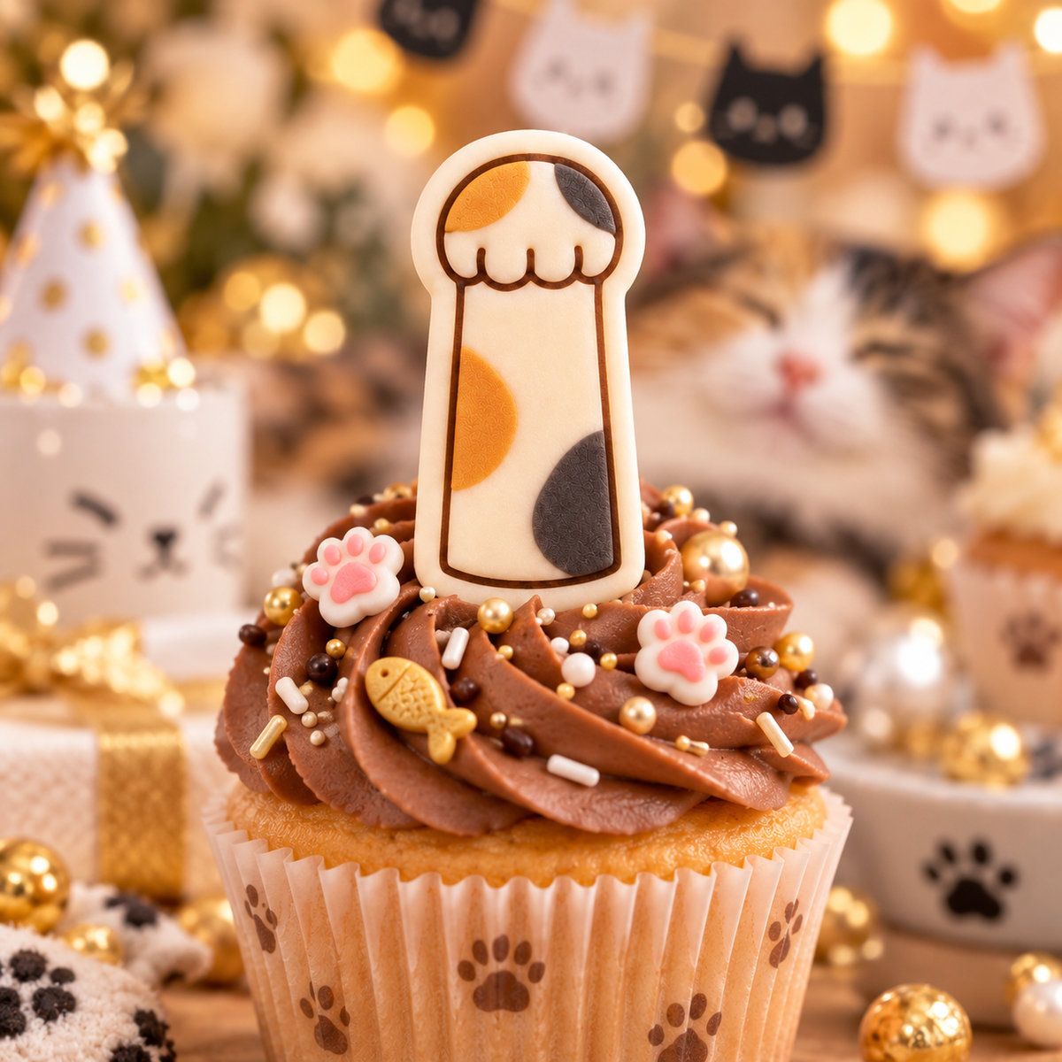 Calico lucky cat paw fondant cupcake topper with kawaii cat party decorations