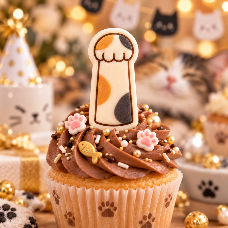 Calico lucky cat paw fondant cupcake topper with kawaii cat party decorations