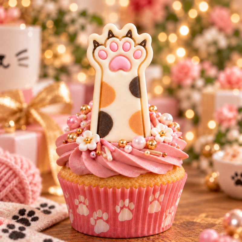 Calico kitty paw claws fondant cupcake topper with pink icing for a cat themed party