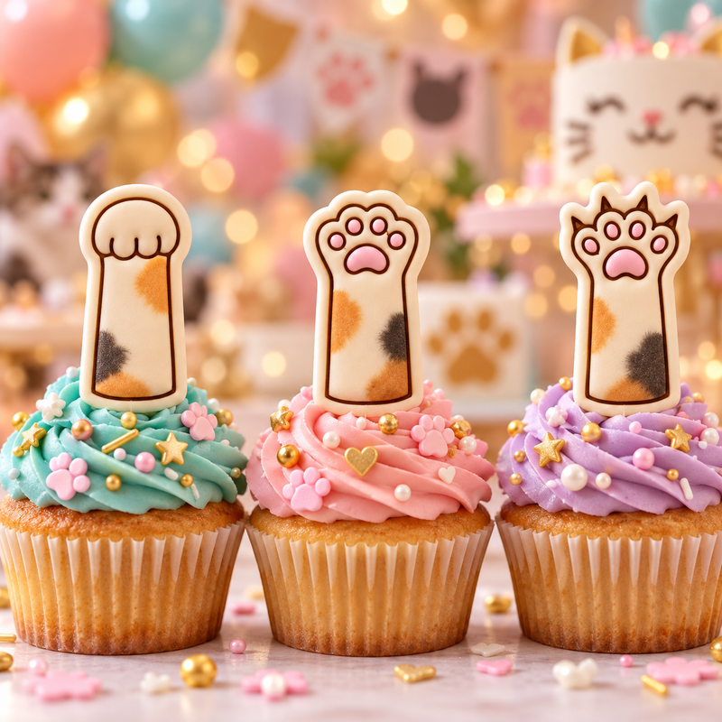 Kitty paw Rock Paper Scissors mini cookie toppers on pastel cat birthday cupcakes