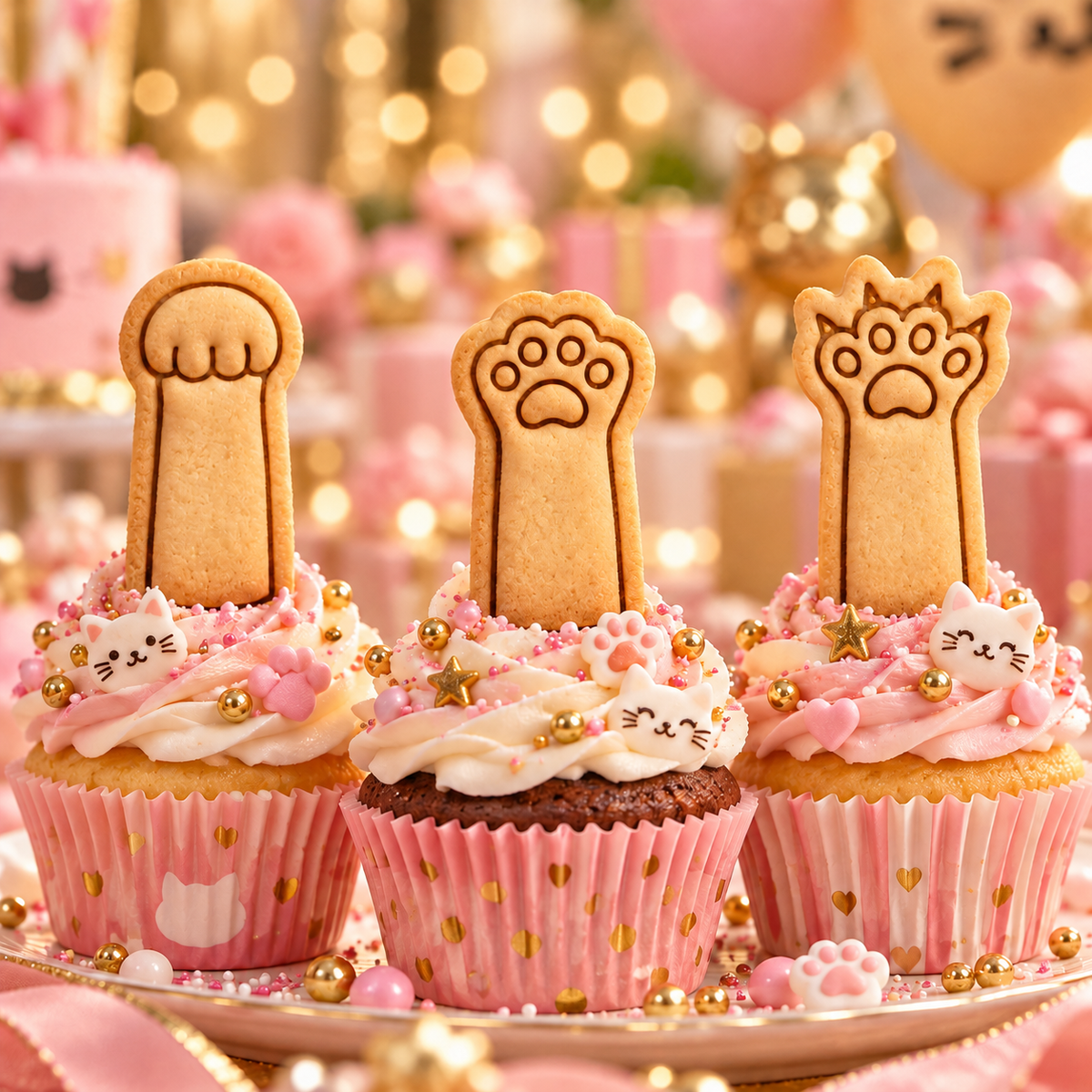 Rock Paper Scissors kitty paw biscuits on pink cat themed cupcakes for a game night party