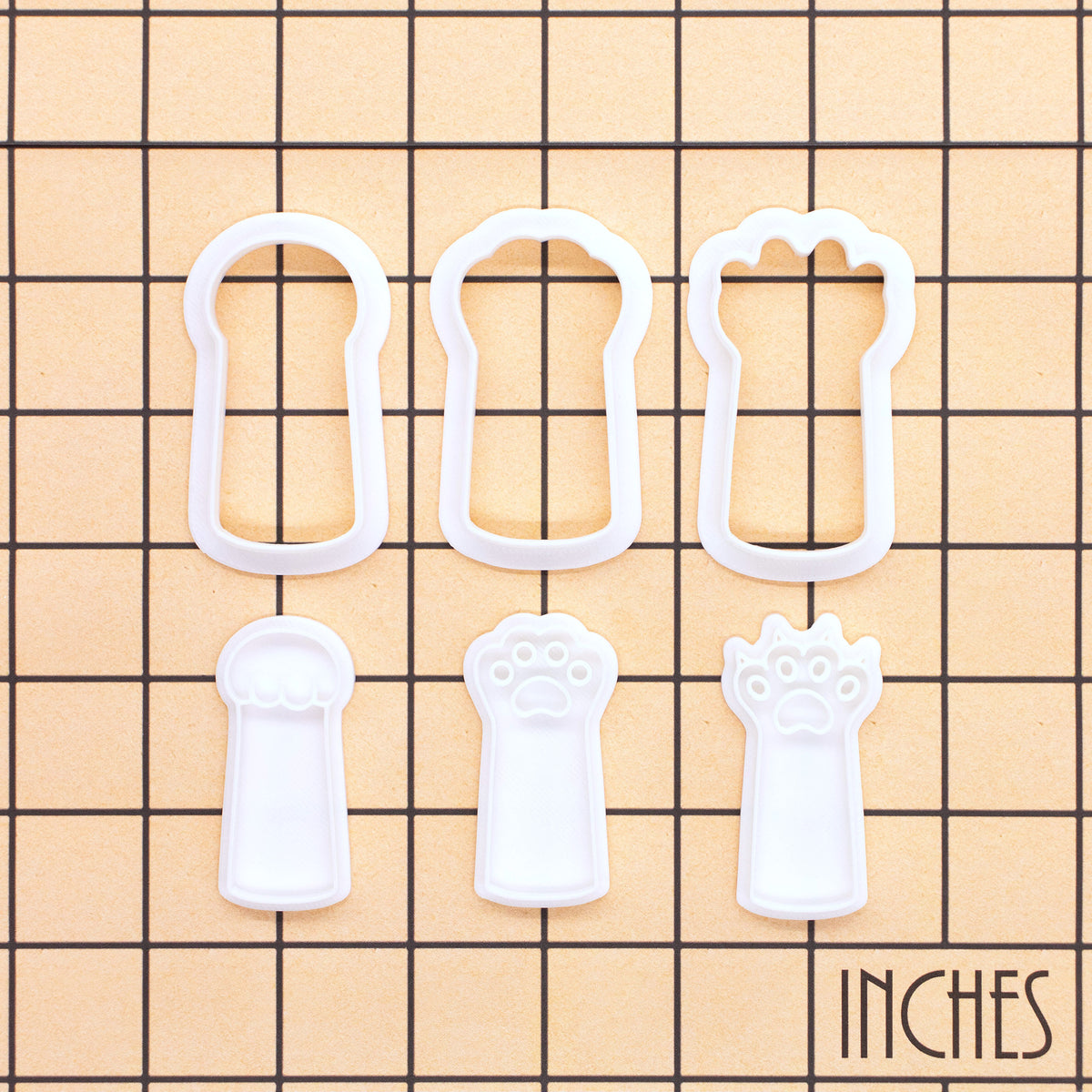 Set of 3 kitty paw Rock Paper Scissors mini cookie cutters and stamps on inch measurement grid