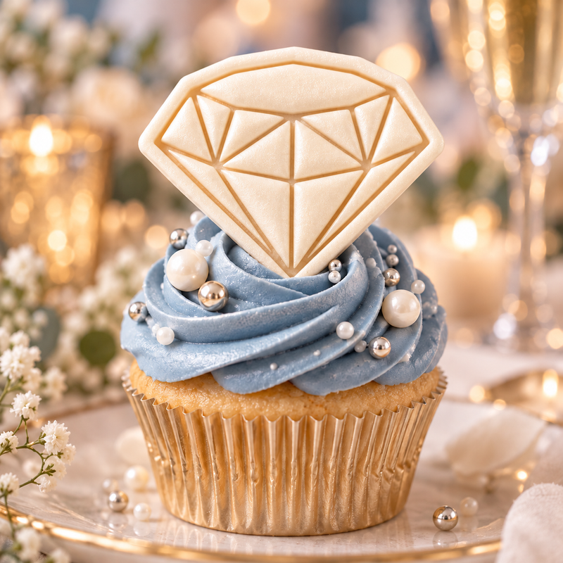 Diamond fondant cupcake topper on blue and gold wedding celebration cupcake