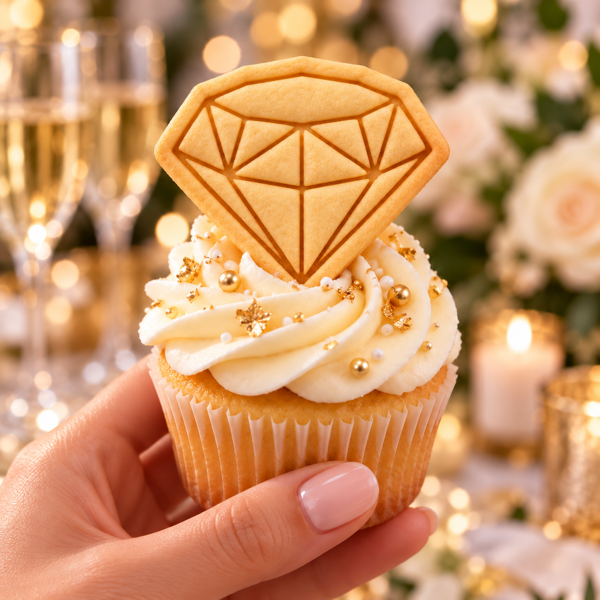 Diamond shaped biscuit cupcake topper on elegant gold wedding cupcake