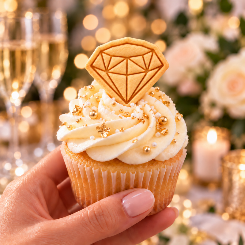 XS diamond biscuit cupcake topper on elegant cream and gold wedding cupcake