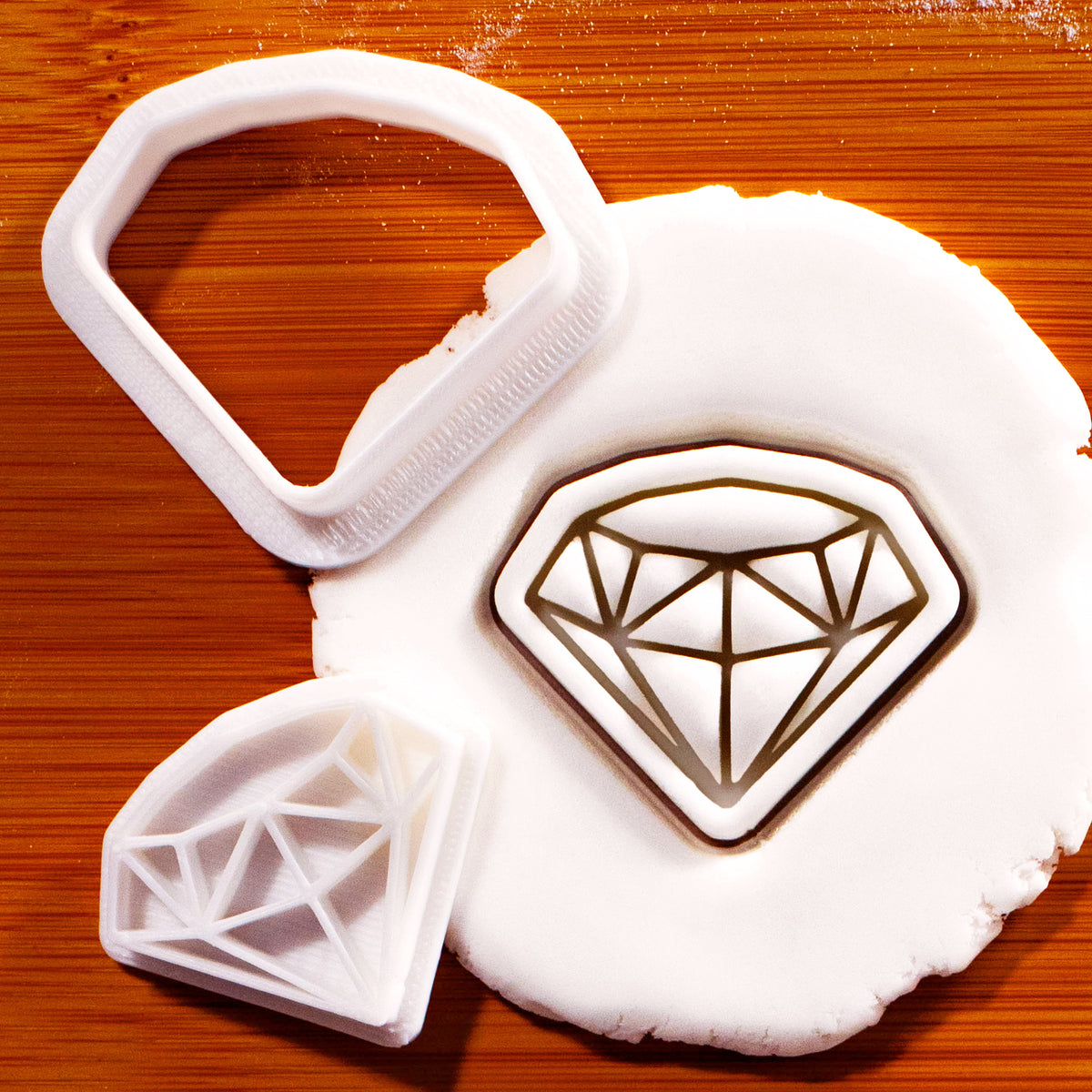 XS diamond mini cookie cutter and detailed stamp with faceted diamond impression in fondant