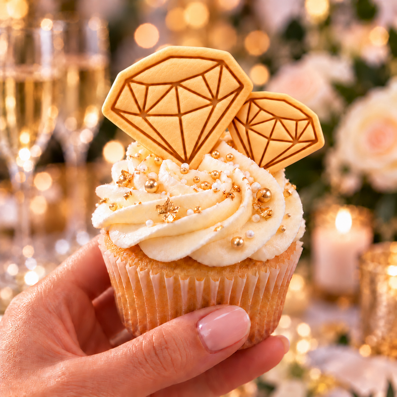 Mini and XS diamond biscuits together on cream wedding cupcake with gold decorations