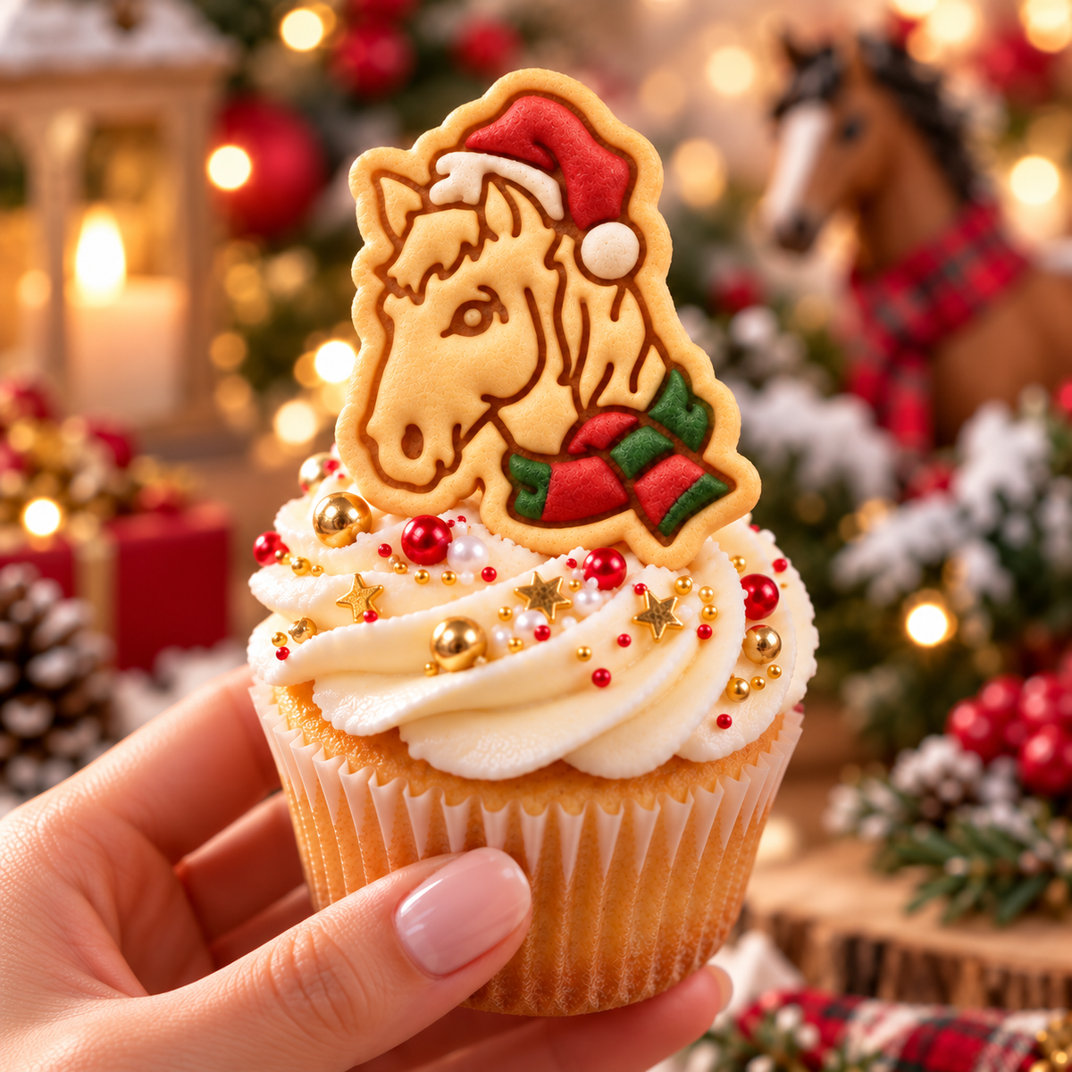 Christmas horse head cookie topper with red Santa hat and green scarf on festive cupcake