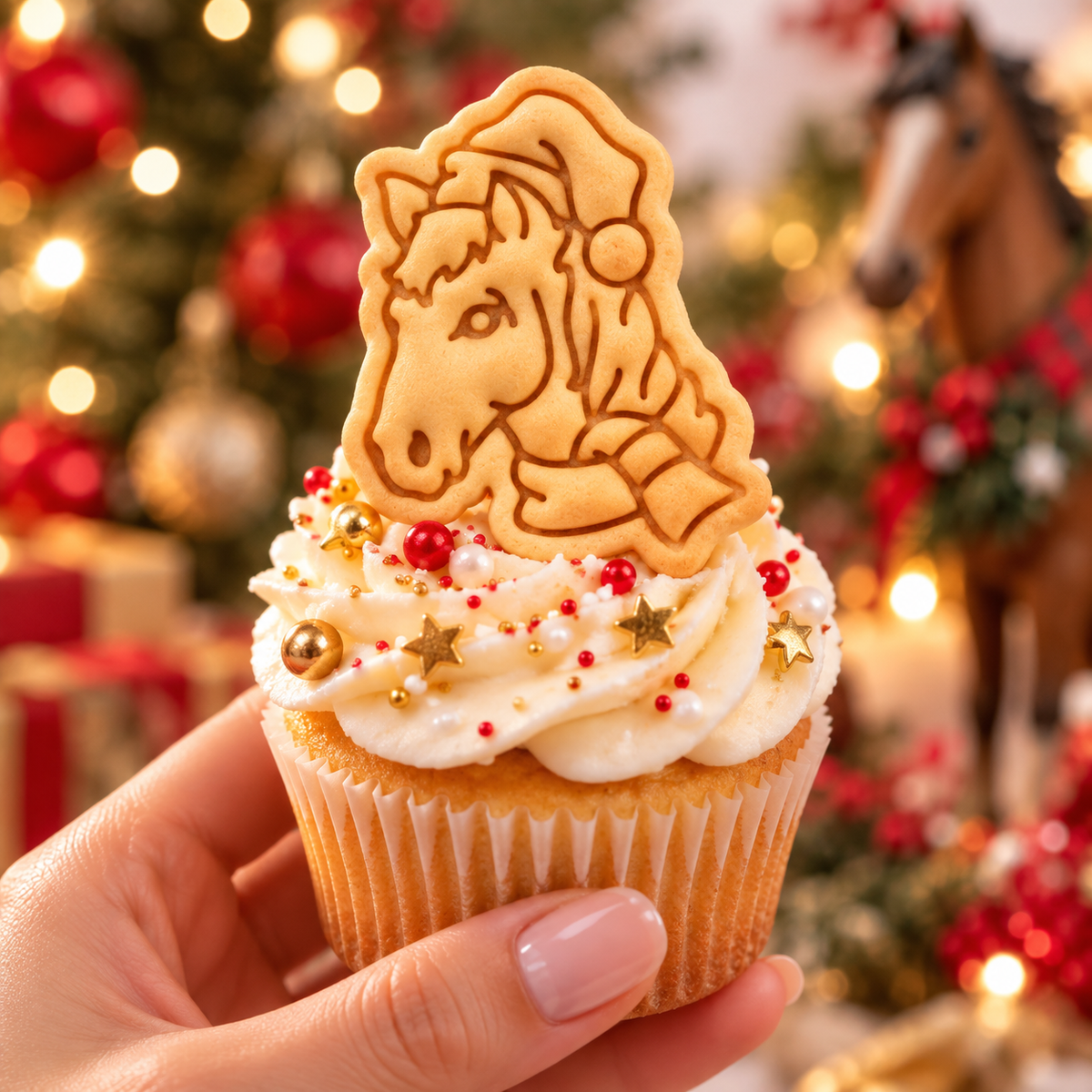 Plain Christmas horse head biscuit topper on cupcake with festive red and gold decorations