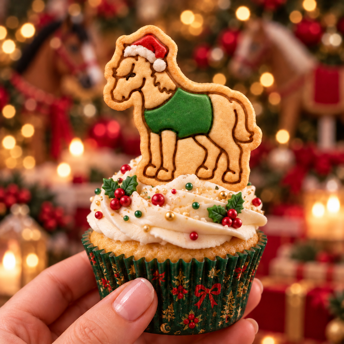 1. Christmas horse cookie with red Santa hat and green blanket on festive cupcake