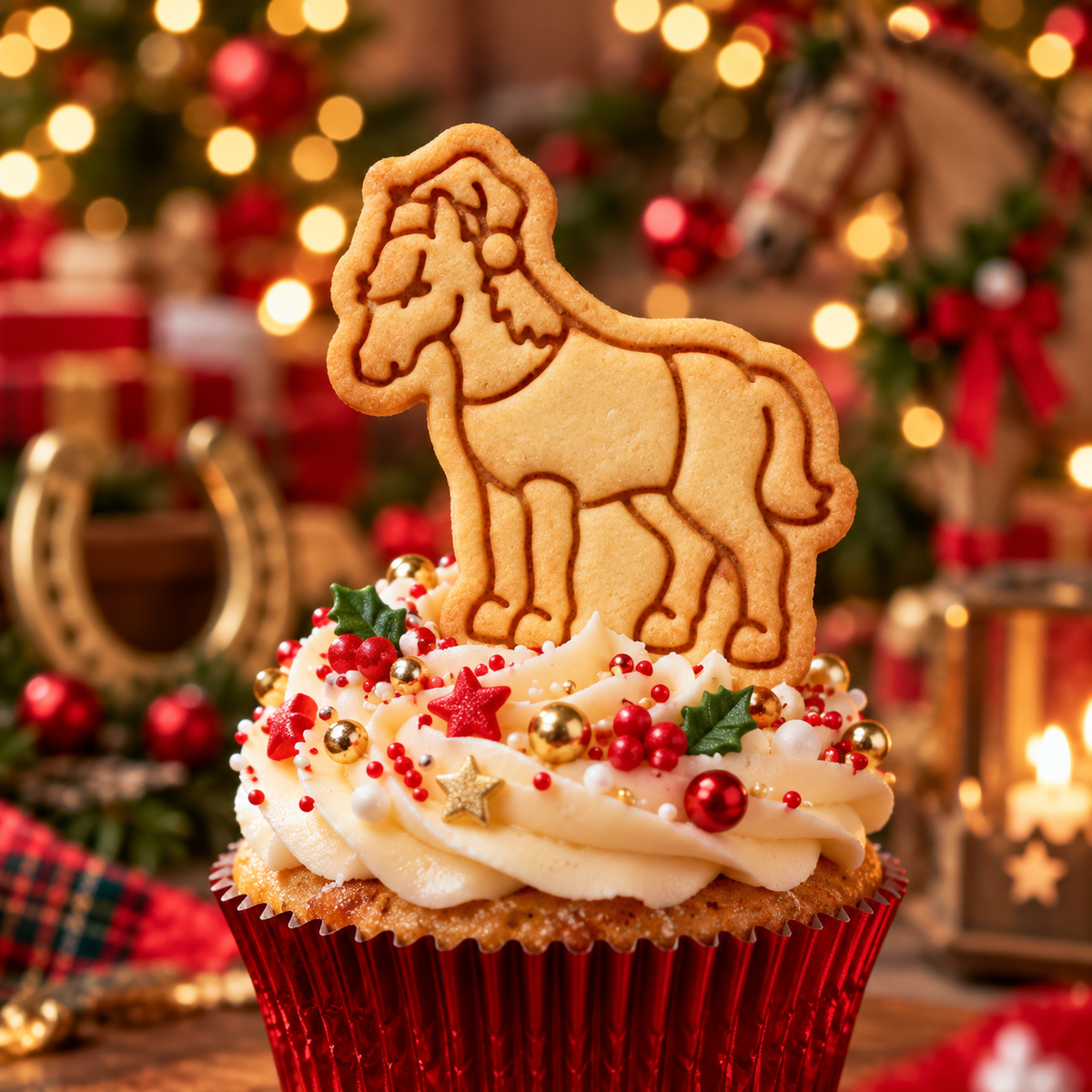Christmas horse body biscuit with Santa hat used as a festive cupcake topper