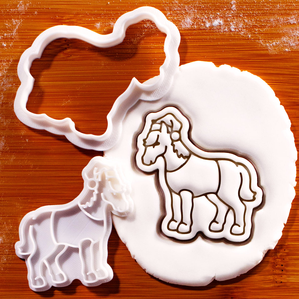 Christmas horse body mini cookie cutter and detail stamp with Santa hat fondant impression
