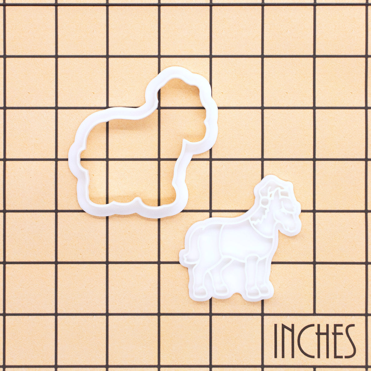 Christmas horse body mini outline cutter and detail stamp shown on inch measurement grid