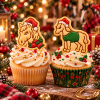 Christmas horse head and horse body mini cookies with Santa hats on festive cupcakes