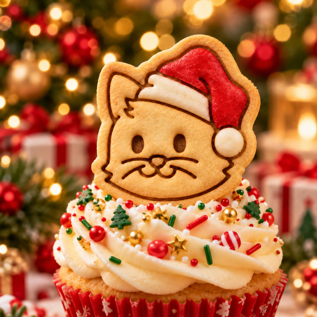 Cat face Christmas cookie with red Santa hat on festive cupcake for cat lovers
