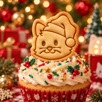 Christmas cat face biscuit with Santa hat used as a festive cupcake topper