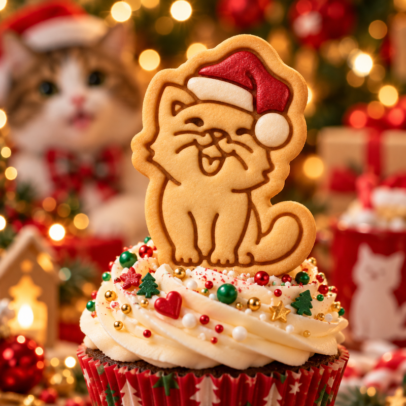 Smiling Christmas cat cookie with red Santa hat on festive cupcake for cat lovers