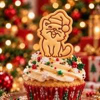 Happy Christmas cat biscuit with Santa hat used as a festive cupcake topper