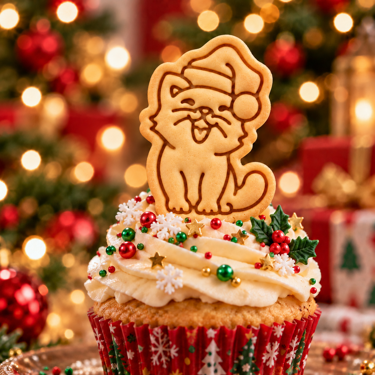 Happy Christmas cat biscuit with Santa hat used as a festive cupcake topper