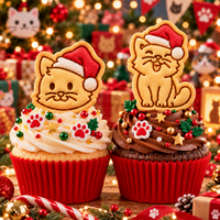 Two Christmas cat cookie toppers with red Santa hats on festive cupcakes, cat face and happy cat designs