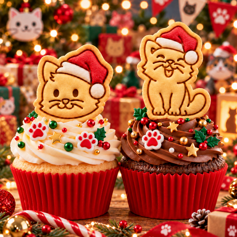 Two Christmas cat cookie toppers with red Santa hats on festive cupcakes, cat face and happy cat designs