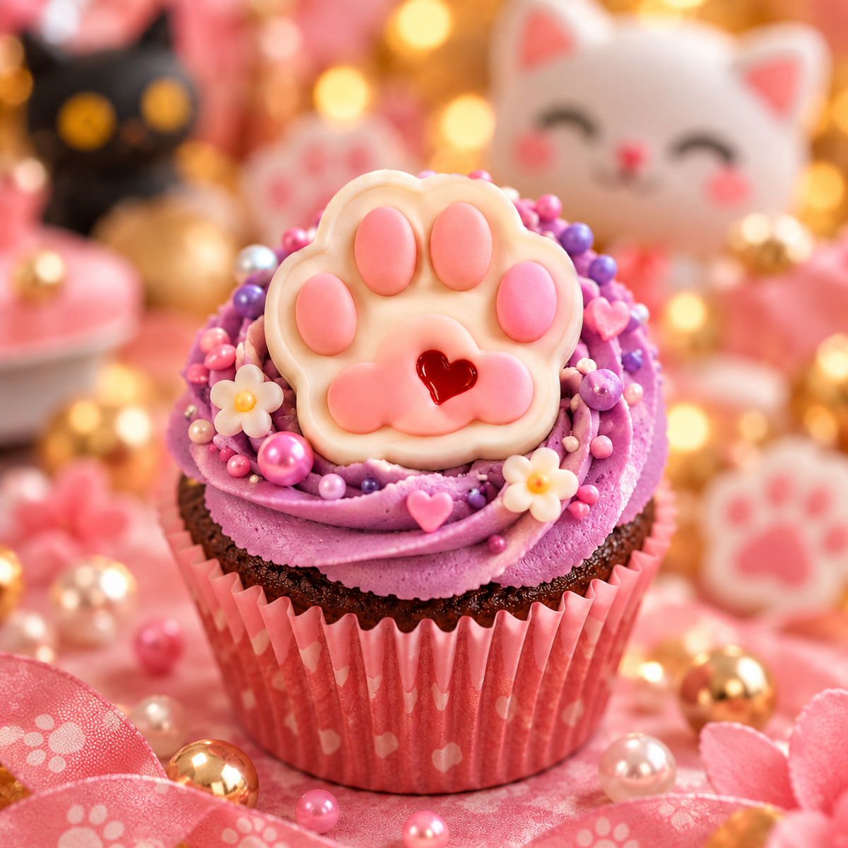 Pink and white kitty paw print fondant cupcake topper with heart detail for a cat-themed party