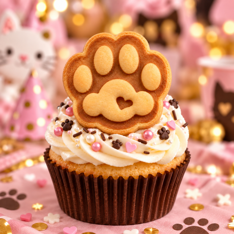 Cute kitty paw print biscuit with heart-shaped paw pad displayed on a cat-themed cupcake