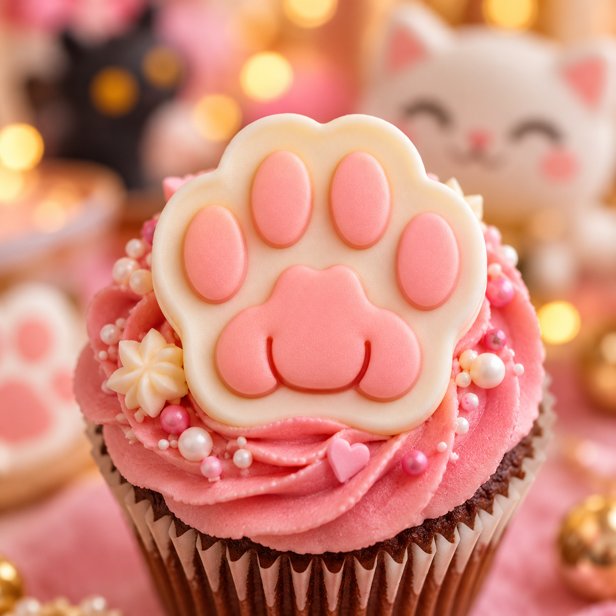 Pink and white realistic kitty paw fondant cupcake topper with detailed feline paw pads