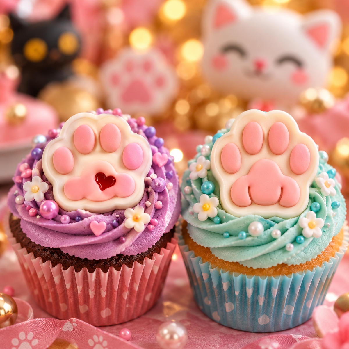 Cute heart kitty paw and realistic cat paw fondant cupcake toppers on colourful cat-themed cupcakes