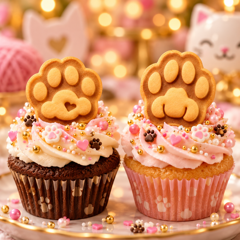 Cute and realistic kitty paw biscuits displayed on pink cat-themed cupcakes with paw print decorations