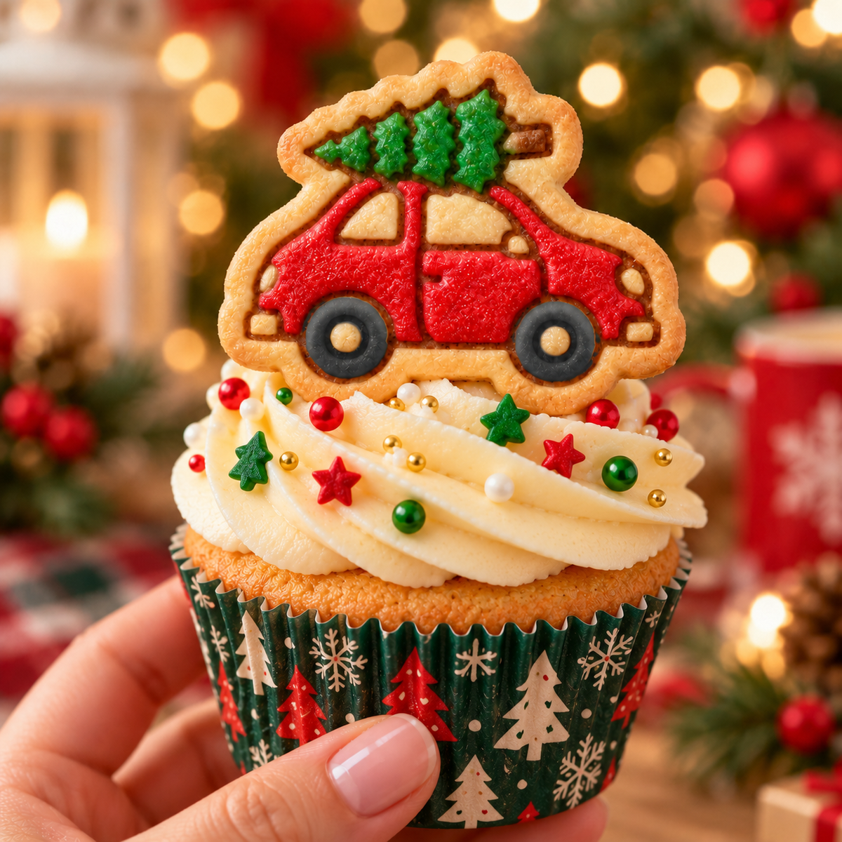 Christmas Tree on Car mini cookie topper on festive cupcake with red and green Christmas decorations