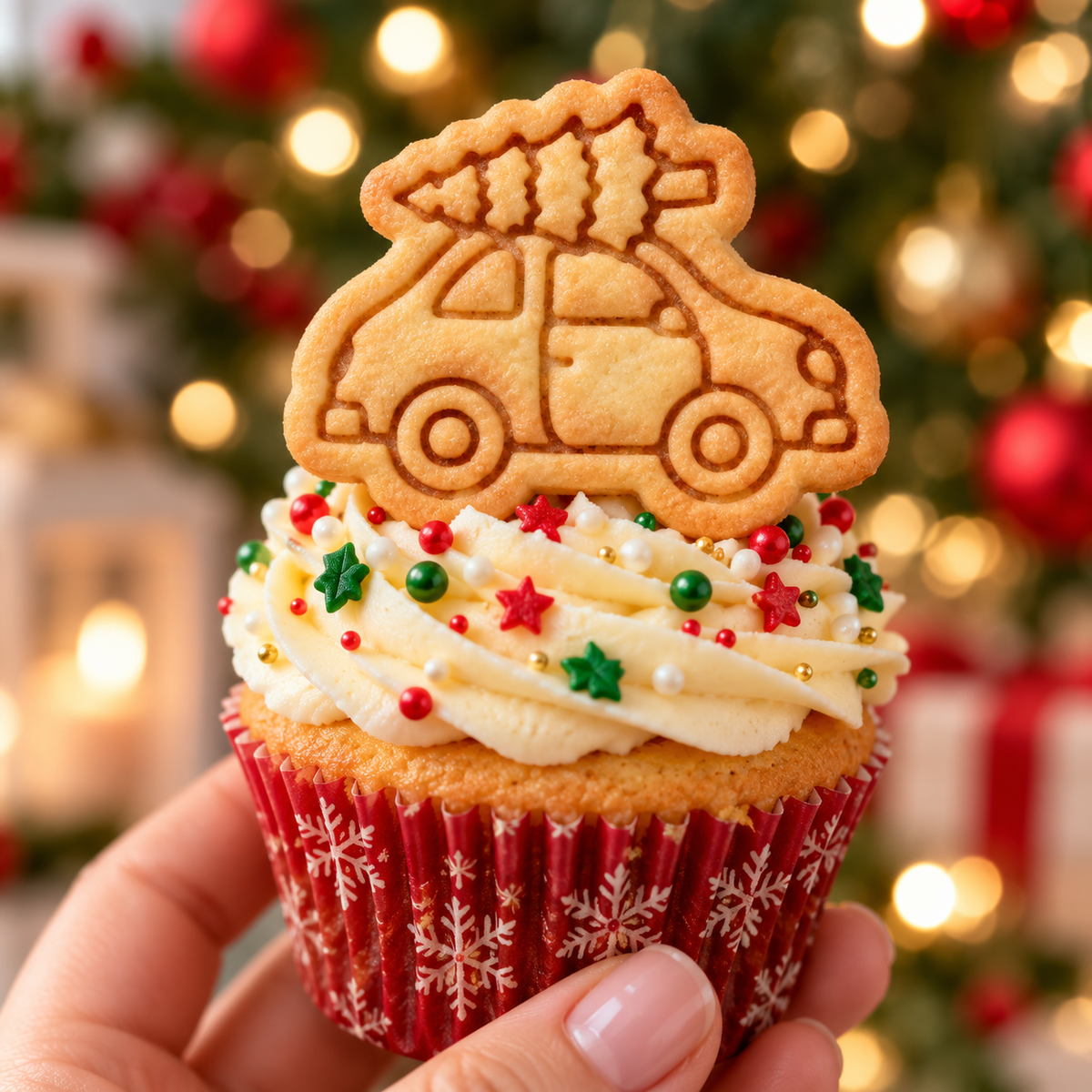 Christmas Tree on Car mini cookie topper decorated in icing on festive cupcake