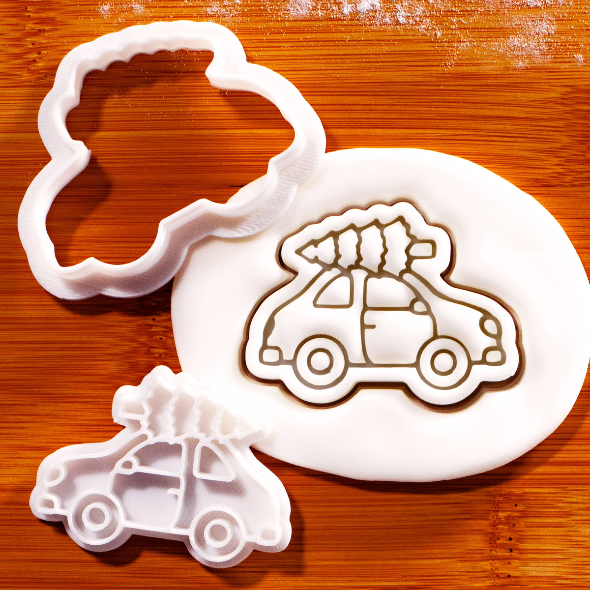 Christmas Tree on Car mini cookie cutter and stamp set for Christmas biscuits, fondant and cupcake toppers
