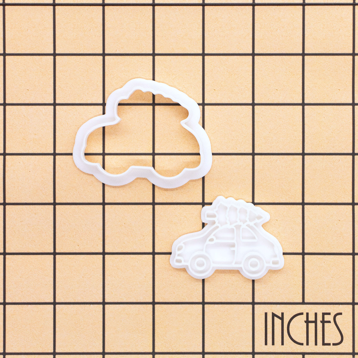 Christmas Tree on Car mini cookie cutter and detailed stamp shown on inch measurement grid