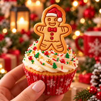 Christmas Gingerbread Man mini cookie topper with Santa hat and bow tie on festive Christmas cupcake